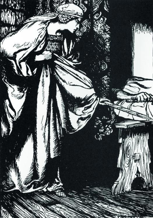 Morgane dérobant l’épée d’Arthur, illustration d’Arthur Rackham pour Le Roman du Roi Arthur, de Thomas Malory. © The Holbarn Archive / Bridgeman Images